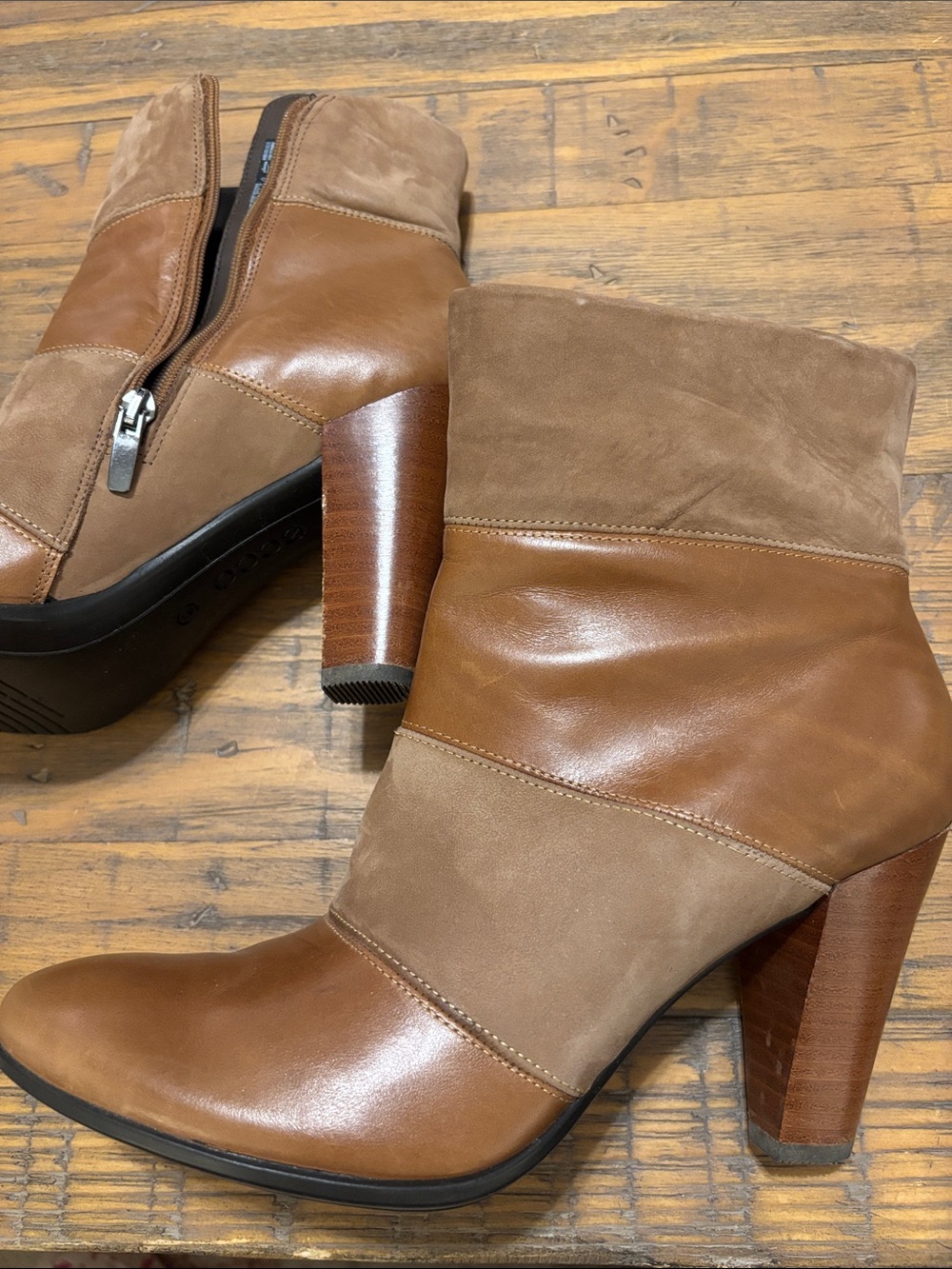 Ecco Two-Tone Brown Leather and Suede High-Heel Ankle Boots